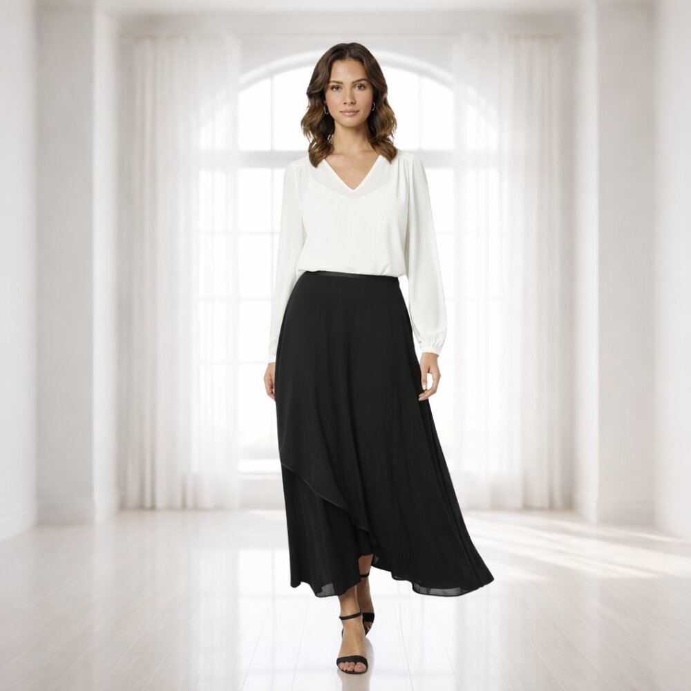After Dark Whimsical Black Sheer Asymmetrical Midi Skirt Satin Trim Size 12